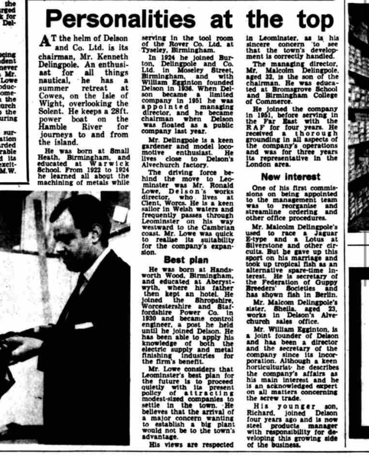 “Personalities at the top” — a trade-press profile of Kenneth Delingpole and Delson & Co. of Alvechurch.