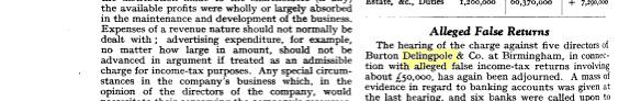 Press report on the 1920s income-tax case against the directors of Burton Delingpole & Co.